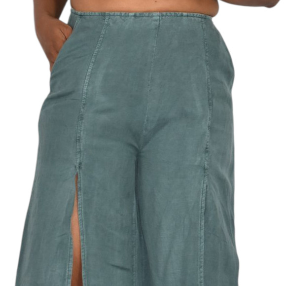 Young Fabulous Broke Cove Pant Green YFB Front Slits Crop Flare Washed Linen XS - Picture 4 of 14